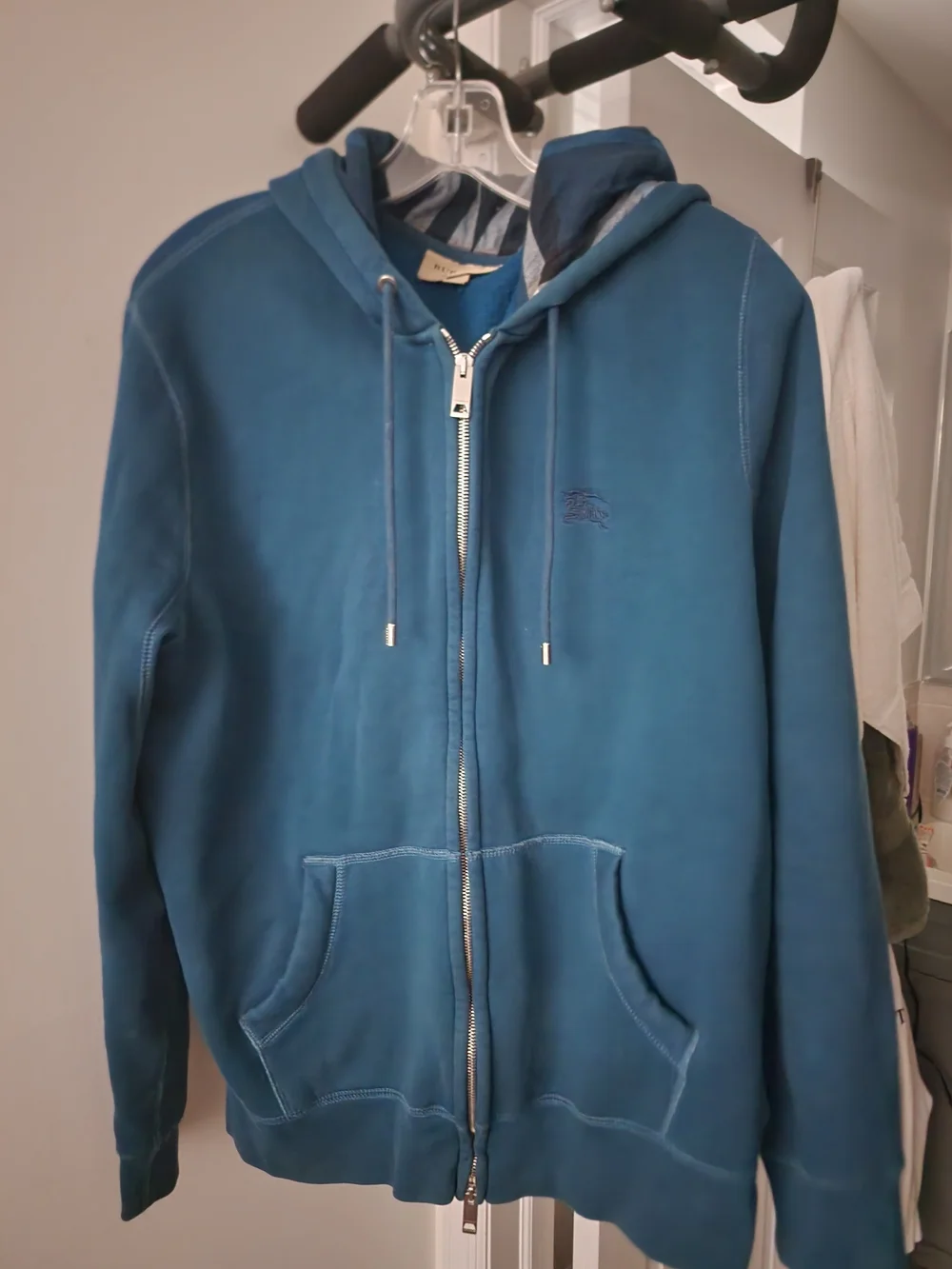 Authentic Burberry Teal Zip-Up Hooded Sweatshirt. M-L